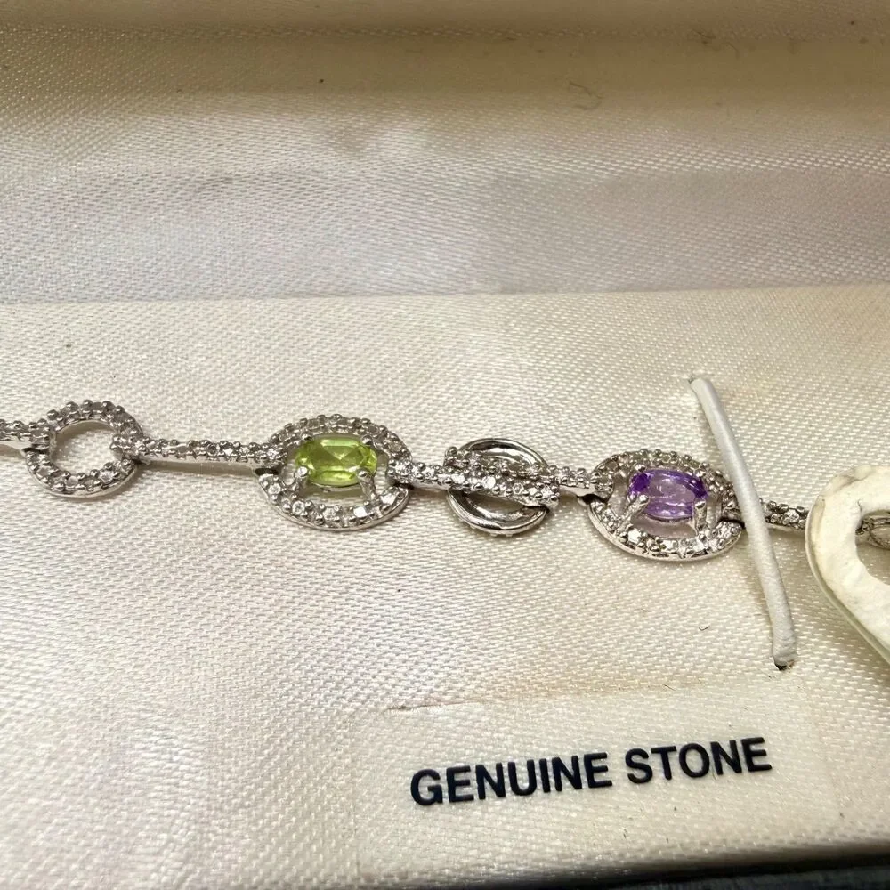925 Sterling Silver Genuine Multi Gemstone Tennis Bracelet Blue Topaz Garnet NOS